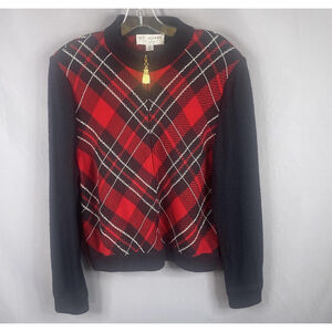 St John Collection Sweater Cardigan Santana Knit Red Black Paid Holiday Size 14